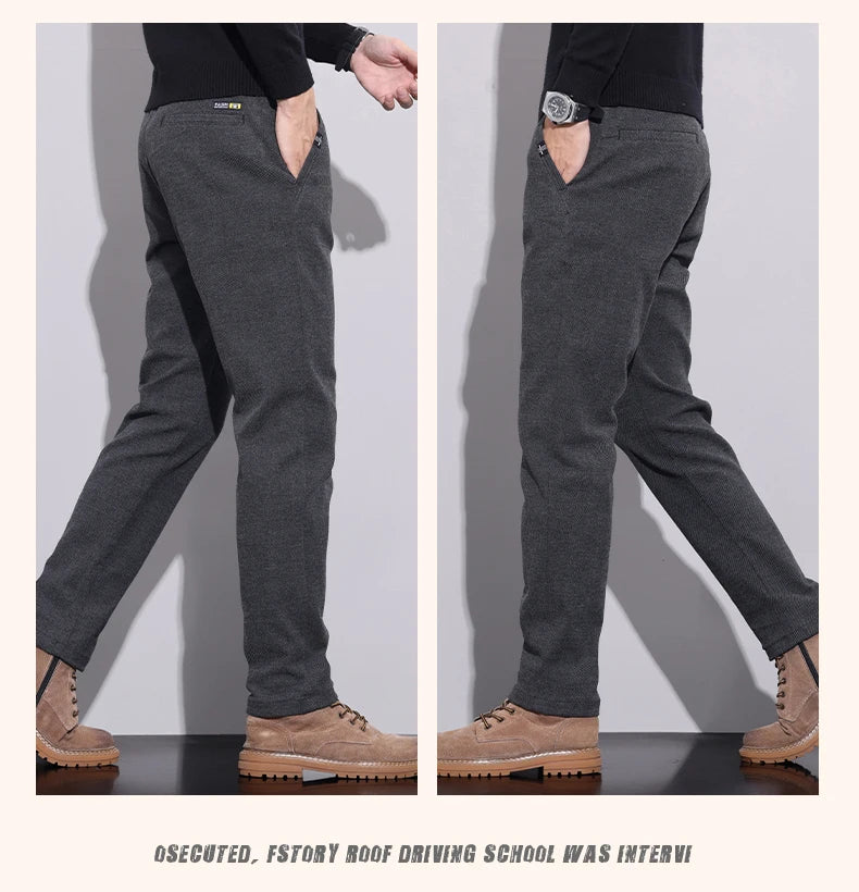 Casual Pants Thickened Warm Slim Straight Elastic Waist Black Business