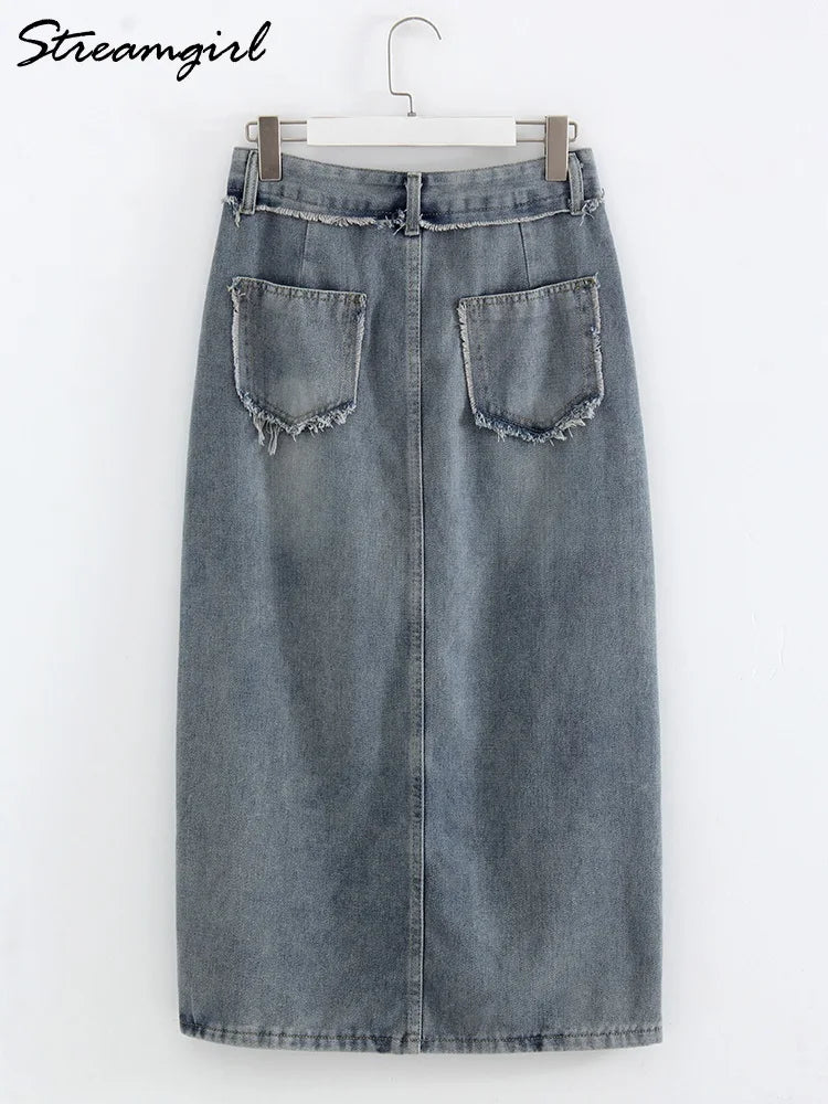 Irregular Split Denim Skirts For Women Midi Casual Denim Skirt