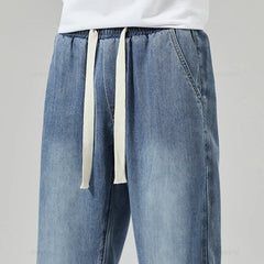 Men's Jeans Loose Straight Pants Elastic Waist Drawstring Trousers Male