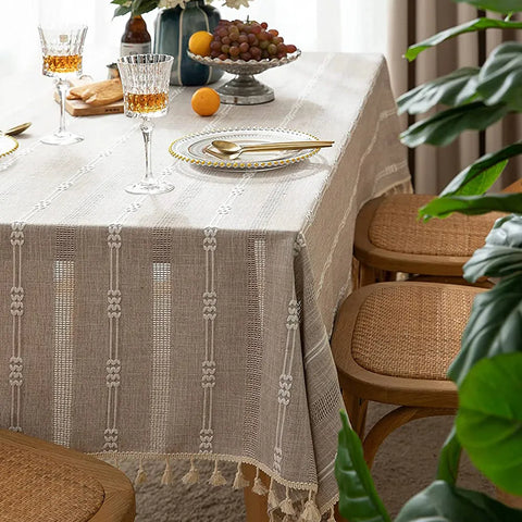 Cotton Linen Vintage Rustic Table Cloth with Tassel Rectangular