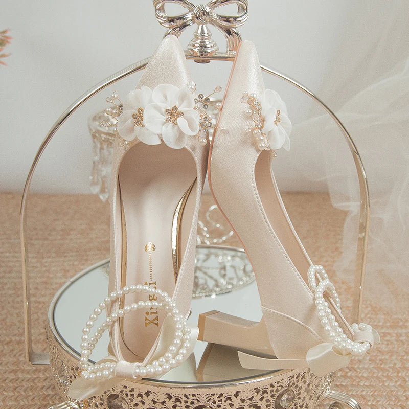 Elegant Flowers High Heels Pumps Pearl Ankle Strap Wedding Shoes