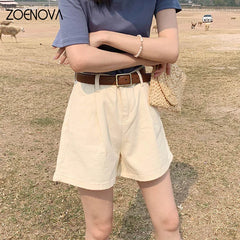 Fashion Beige Denim Shorts High Waist Style Casual Simple A-line