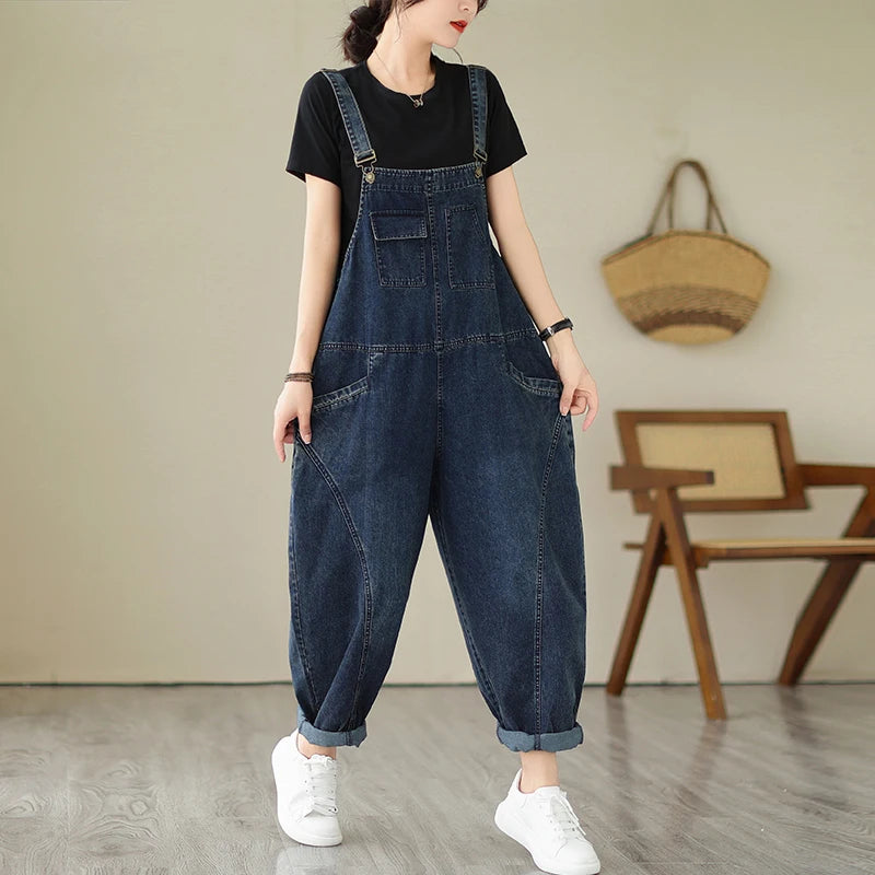 Fashion Multi Pocket Cargo Suspender Vintage Patchwork Denim Overalls