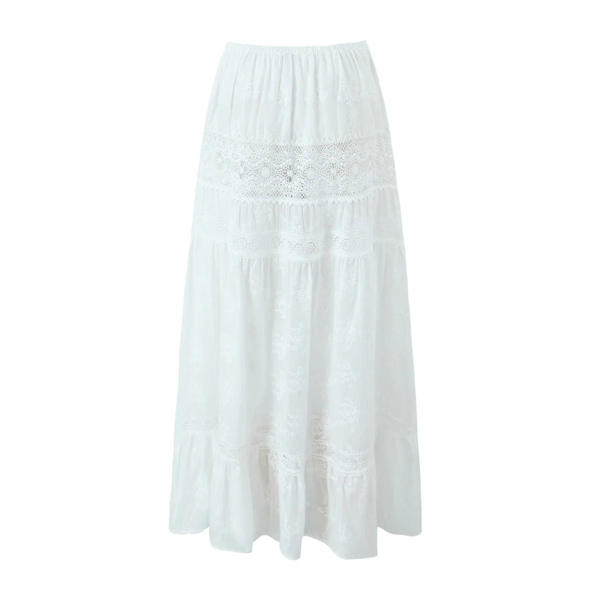 White Embroidery Flower Spliced Lace Elastic Waist Ankle Length Long Skirt