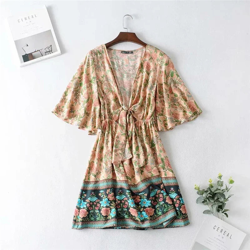 Women Floral Print Bow Neck Bohemian Mini Dress