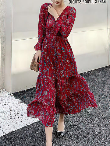 Fashion Outdoor Floral Style V-neck Long-sleeved Layered Dress