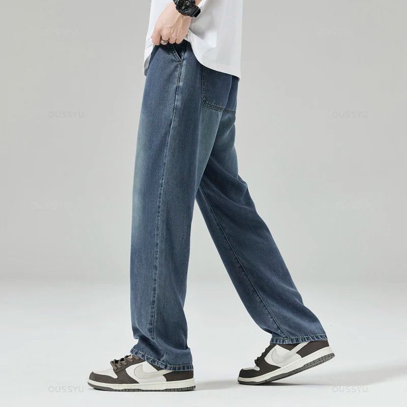 Men's Jeans Loose Straight Pants Elastic Waist Drawstring Trousers Male