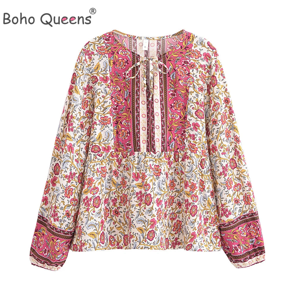 Floral Printed V-neck Lace-up Tops Boho Blouse Shirt