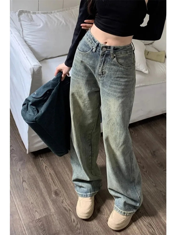 Vintage 90s Distressed Jeans Women Y2K Baggy Straight High Waist