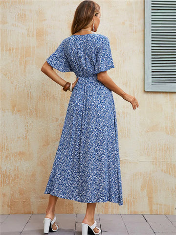Vintage Boho Print Dress Women Casual Blue Elastic Waist