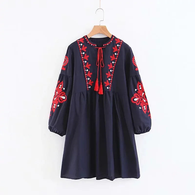 Bow Tie Ethnic Lantern Sleeve Embroidered Floral Cute Dresses