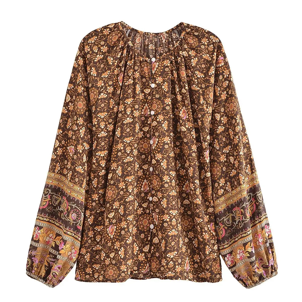 Vintage Multi Floral Print Front Button Loose Blouses