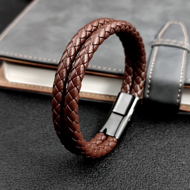 Double Leather Braided Stainless Steel Bracelets