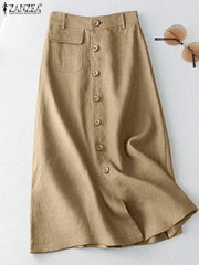 Midi Skirts Casual Button Up A-line Skirt Women High Waist