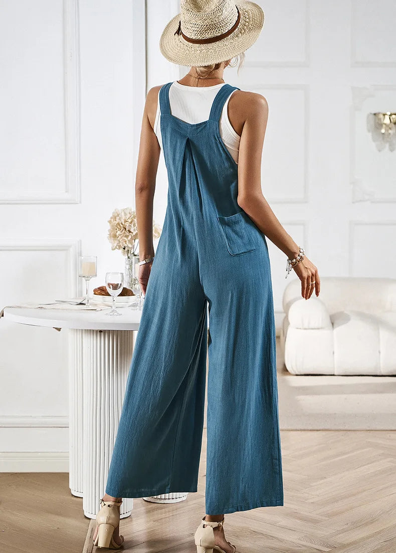 Wide Leg Maxi Jumpsuits for Women Vintage Solid Sleeveless Overalls