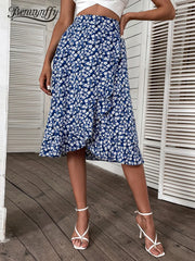 Floral Print Ruffle Trim Midi Skirts A-line High Elastic