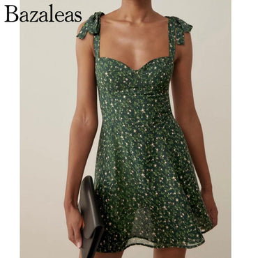 Green Flora Back Elastic Front Hollow Out Mini Dress