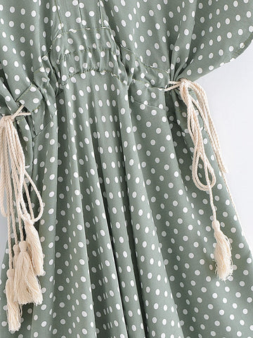 Vintage Fashion V-neck Tassel Polka Dot Print Bohemian Maxi Dress