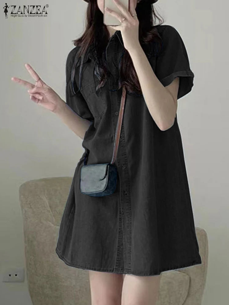 Fashion Denim Shirt Lapel Neck Short Sleeve Sundress