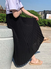 Womens Chic Pleated Swing Long Skirt Elastic High Waist