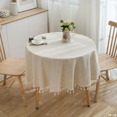 Round Table Household Table Cover Linen Cotton Plain Tablecloth with Tassels