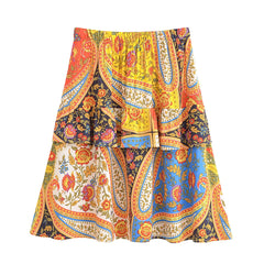 Contrast Color Flower Print Knee length Skirt Ruffle A-line