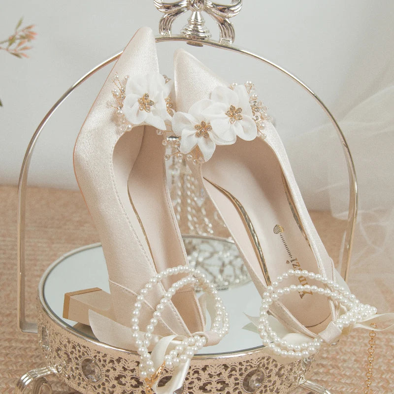 Elegant Flowers High Heels Pumps Pearl Ankle Strap Wedding Shoes