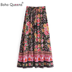 Floral Print Bohemian Pleated Ladies Waist A-Line Rayon Maxi Skirts