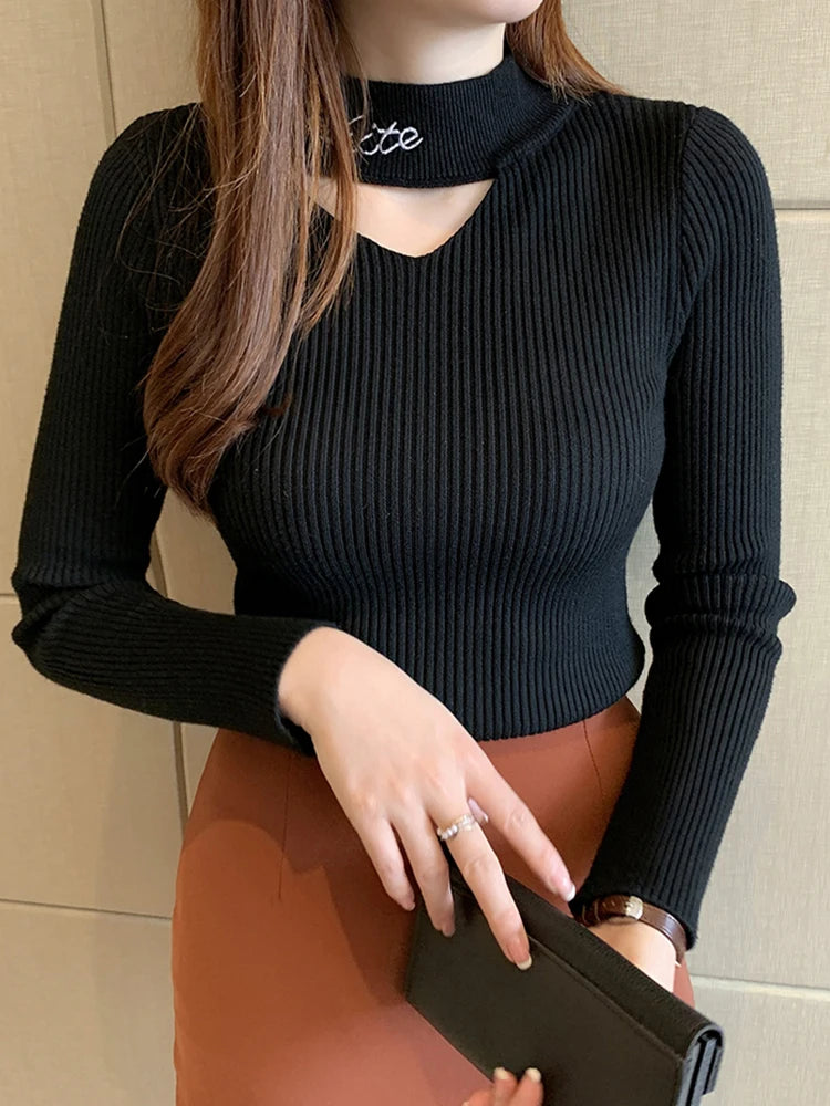 Hollow Out Mock Neck Women Pullover Knitted Sweaters