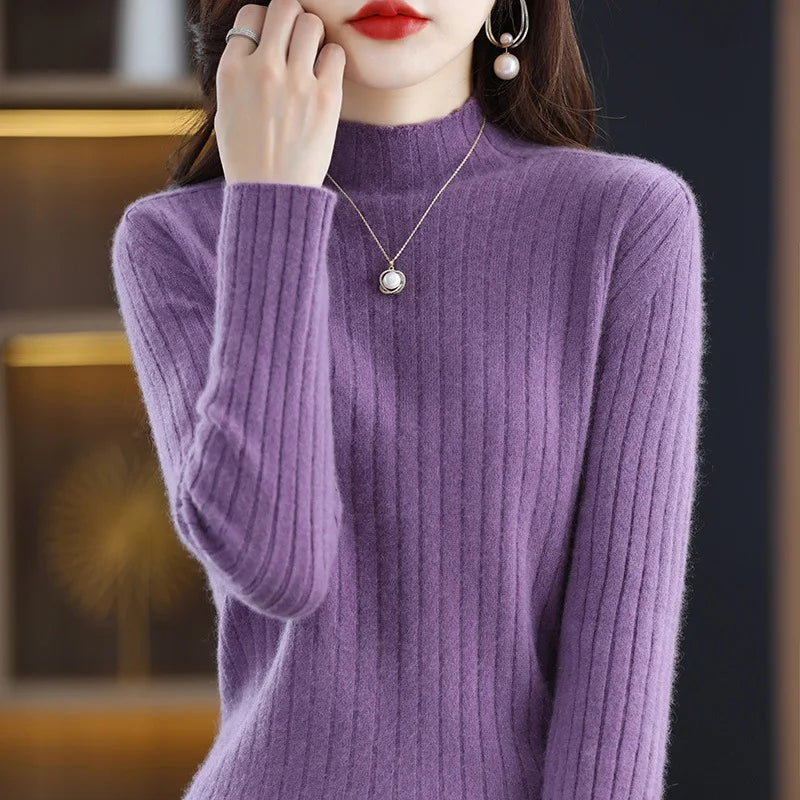 Women Sweater Half High Collar Knitted Shirts Slim Fit Pullovers