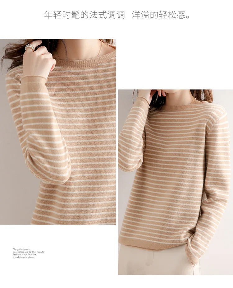 Women O-Neck Striped Sweater Harajuku Retro Knitted Pullover