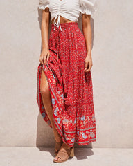 Floral Print Beach Bohemian High Elastic Waist Rayon Boho Maxi Skirts