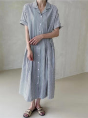 Dresses for Women Striped Turn-down Collar Long Streetwear Vintage