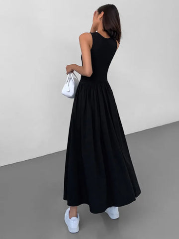 Sleeveless Slim O-neck Solid Ankle-length Style Vintage Dress