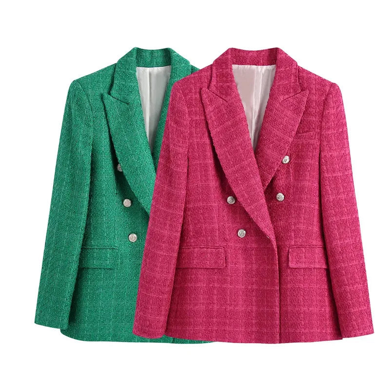 Women Woolen Blazers Elegant Office Long Sleeve Double Breasted Casual Coats