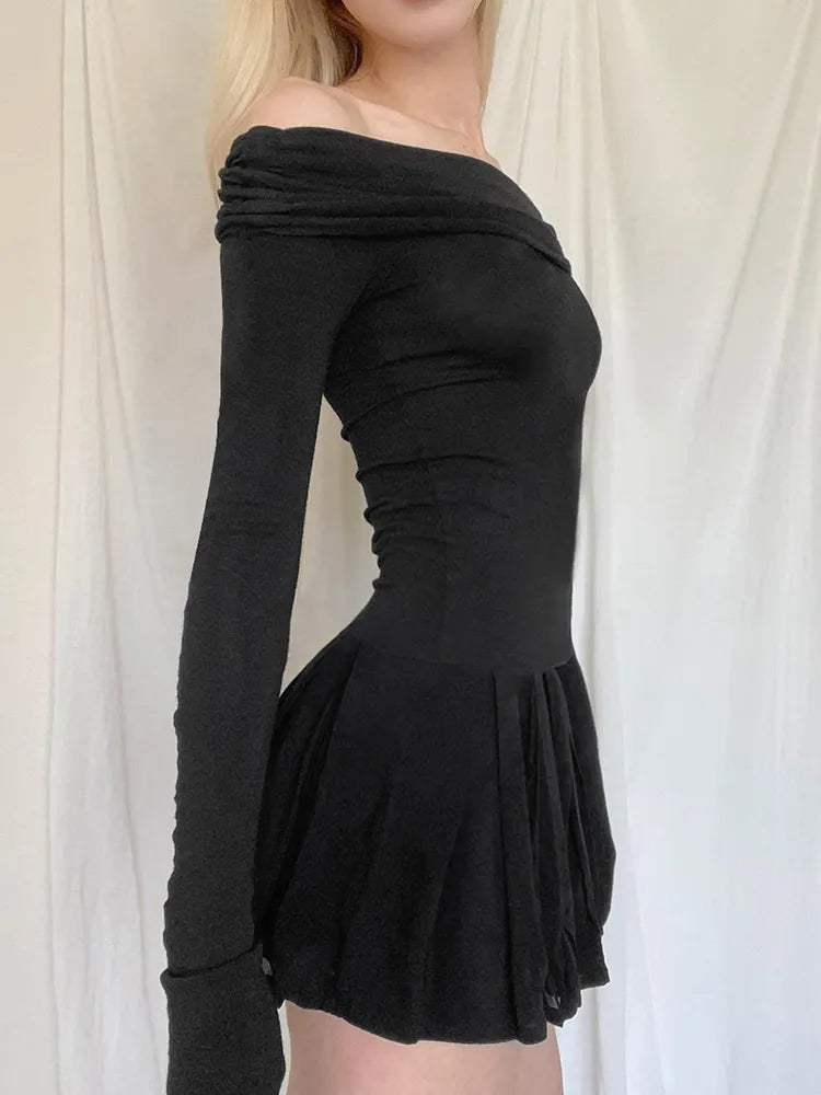 Casual Pleated A-line Dress Solid Black Slash Long Sleeve All-match