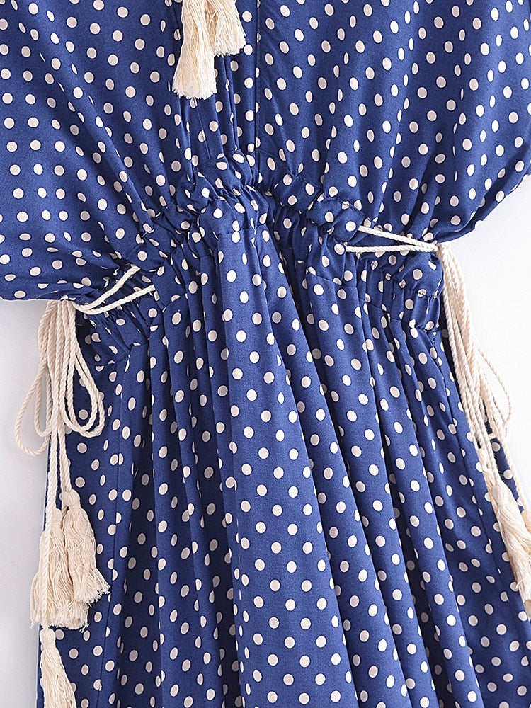 Vintage Fashion V-neck Tassel Polka Dot Print Bohemian Maxi Dress