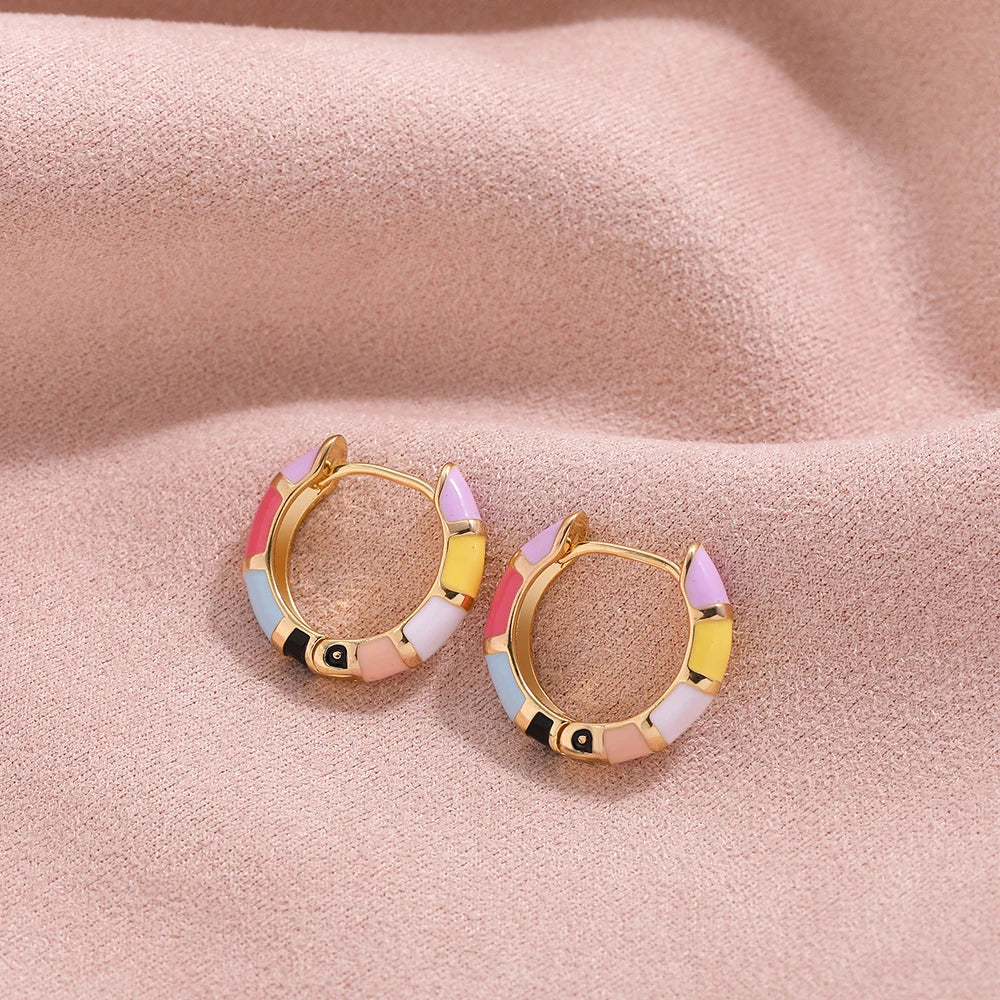 Fashion Small Hoop Earrings for Girls Rainbow Enamel Round Circle