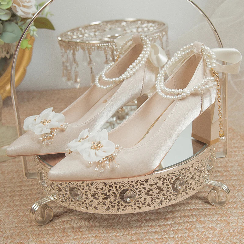 Elegant Flowers High Heels Pumps Pearl Ankle Strap Wedding Shoes