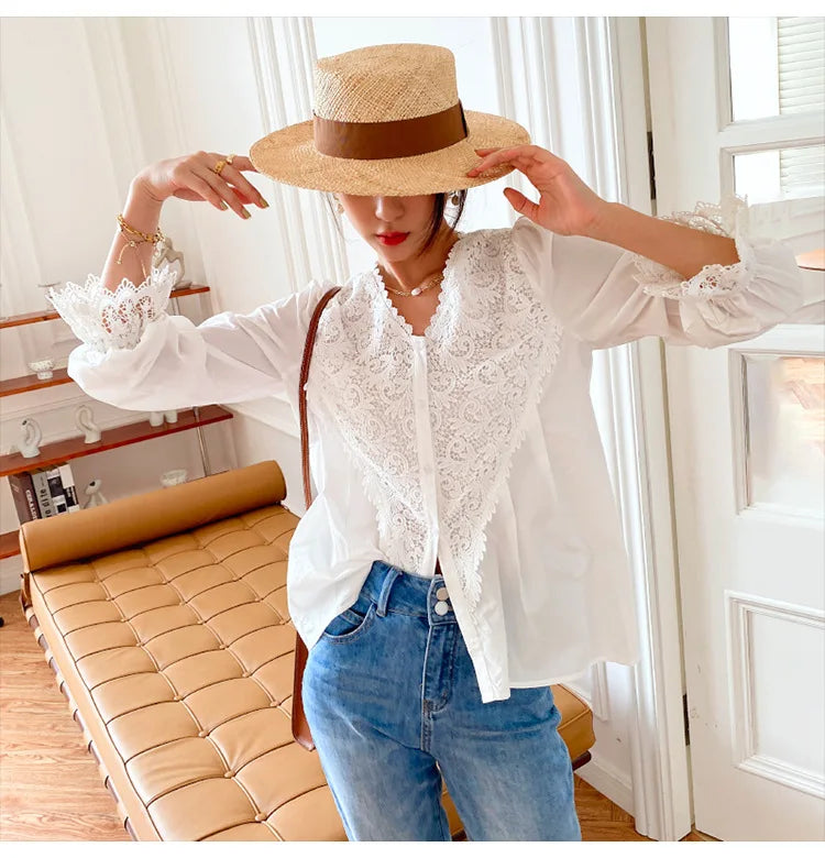 Long Lantern Sleeve V Neck Lace Blouses Shirts