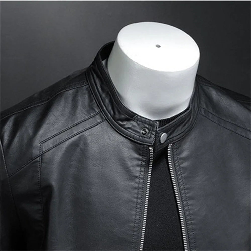 Fashion Slim Motorcycle Leather Jacket Men Stand Collar Pu Leather