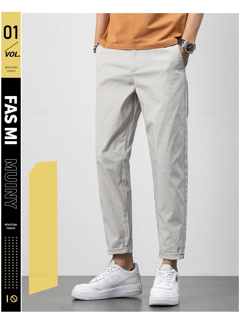 Ankle-Length Pants Men Cotton Straight Fit Fashion