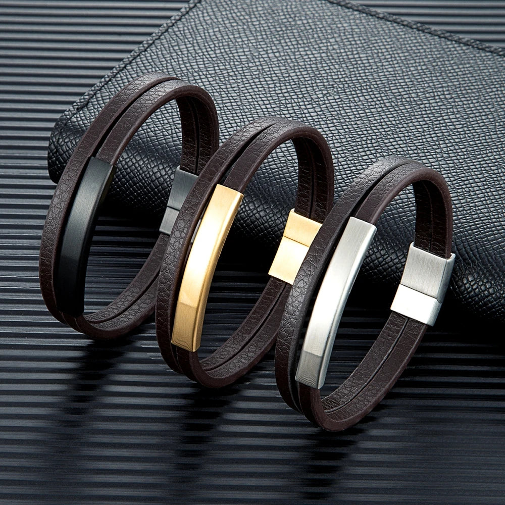 Simple Style Men Double Strand Leather Bracelet