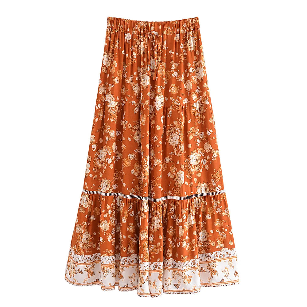 Floral Print Elastic Waist Pleated Boho Skirt Rayon