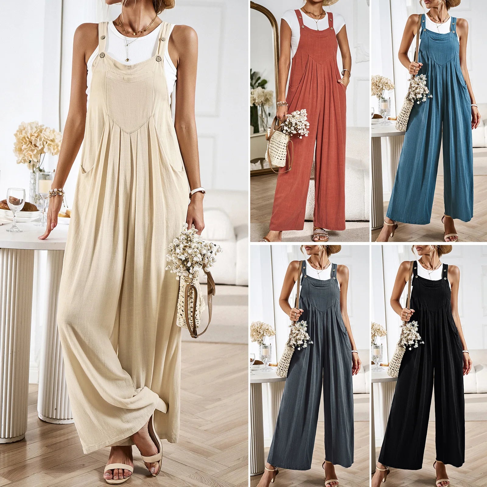 Wide Leg Maxi Jumpsuits for Women Vintage Solid Sleeveless Overalls