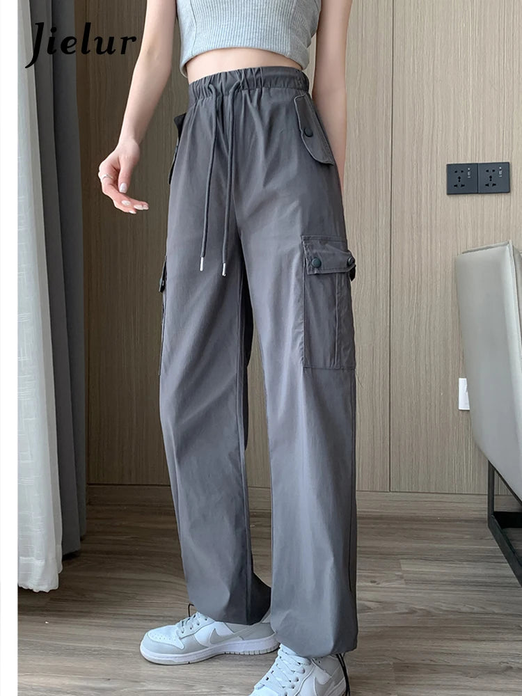 Casual Wide Leg Cargo Pants Drawstring High Waist Pockets Fashion