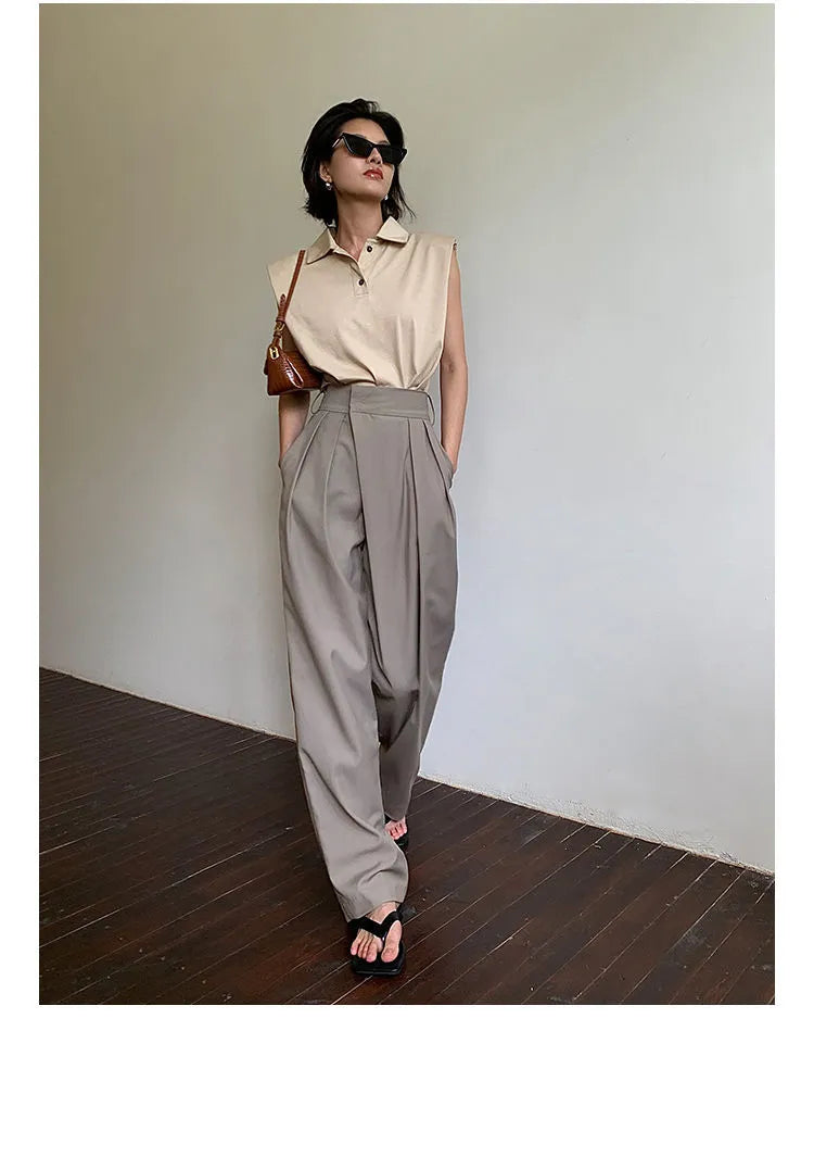 Khaki Wide Leg Women's Pants Baggy Classic Pants Vintage Office