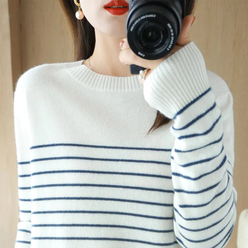 Knitted Sweater Striped Color Matching Round Neck Large Size