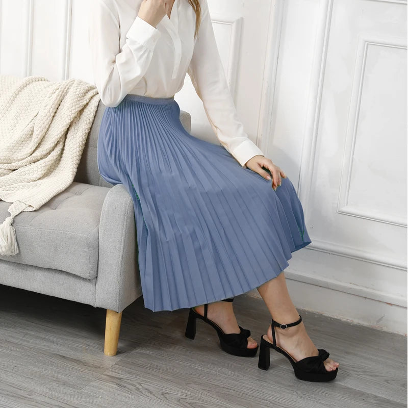 Women's Elegant Solid Color Pleated High Waist A-Line Midi Skirts