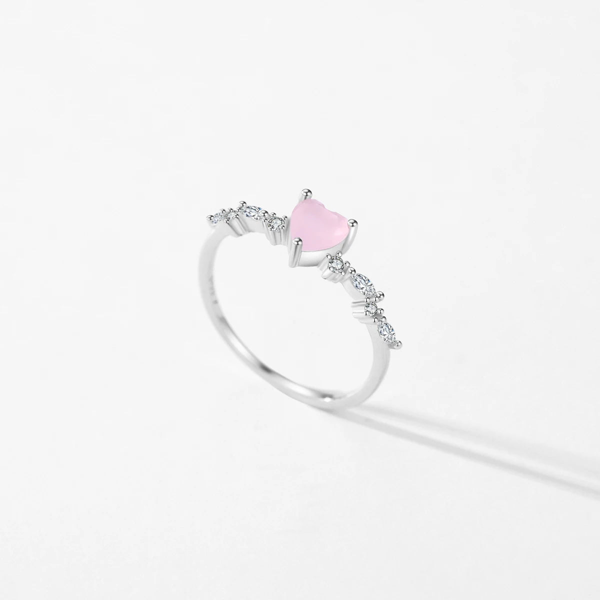 Silver Elegant Pink Crystal Heart Finger Rings